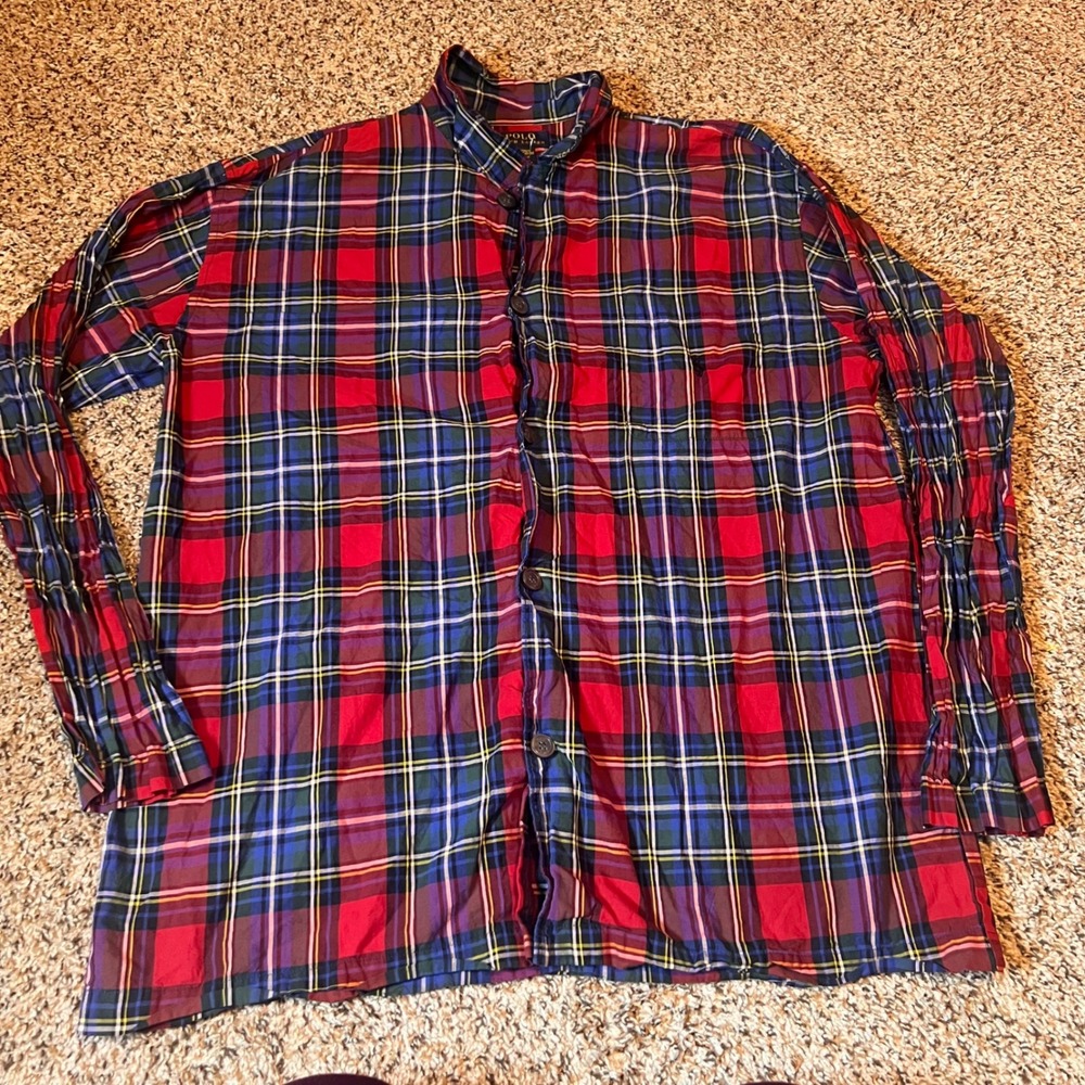 Polo Ralph Lauren Plaid Sleepwear Button‎ Down Shirt Red Blue Large